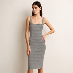 Zara Black White Striped Sleeveless Cami Camisole Midi Bodycon Tank Dress Size S